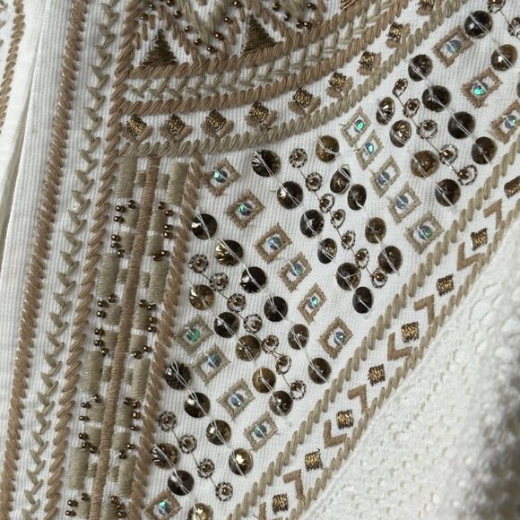 Chico’s Linen Ivory & Gold Open Front Tribal Jacket Size 3 XL Gold Tone Beading - Picture 5 of 8